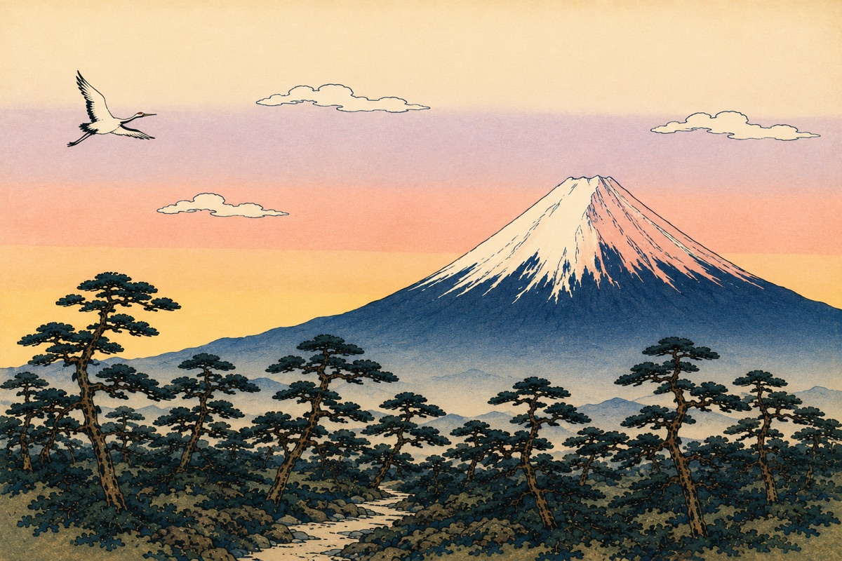 Mt Fuji over Pine Forest at Dawn