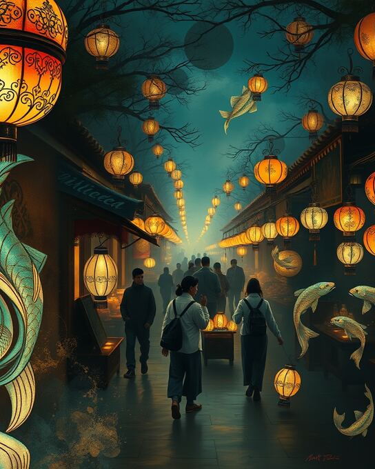 Koi Lanterns at Dusk