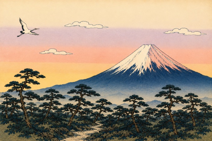 Mt Fuji over Pine Forest at Dawn