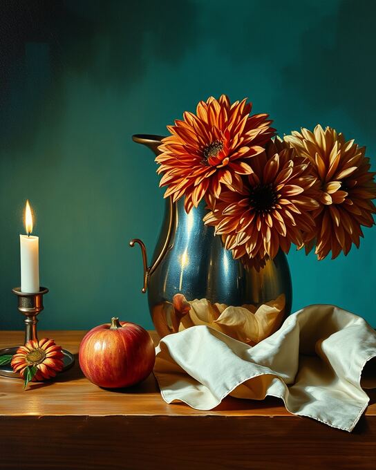 Copper Pitcher and Autumn Bouquets