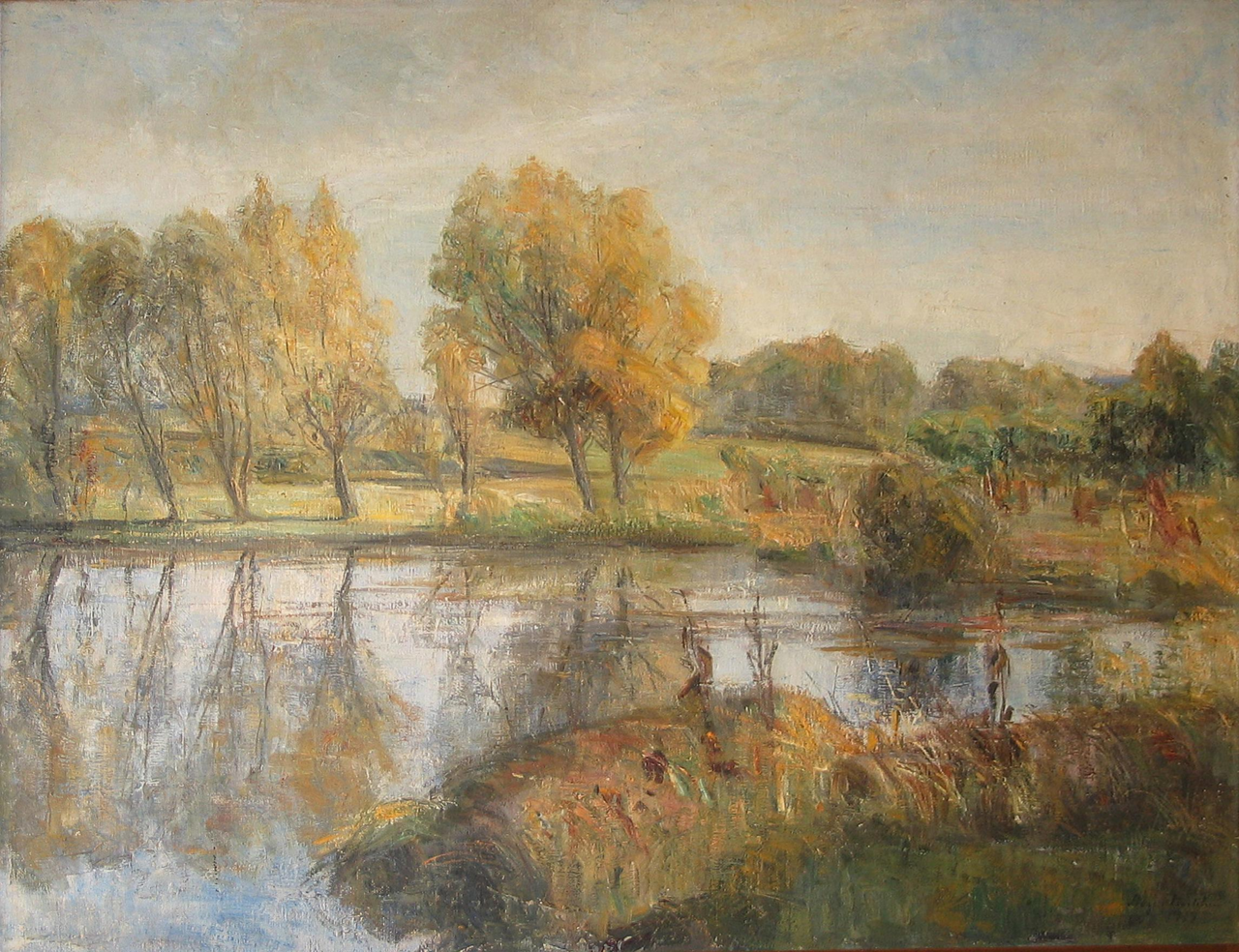 Tall trees at a lake. by Aage Bertelsen