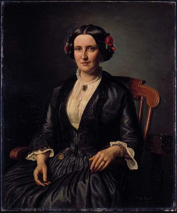 Sittende dame med roser i håret by Aasta Hansteen