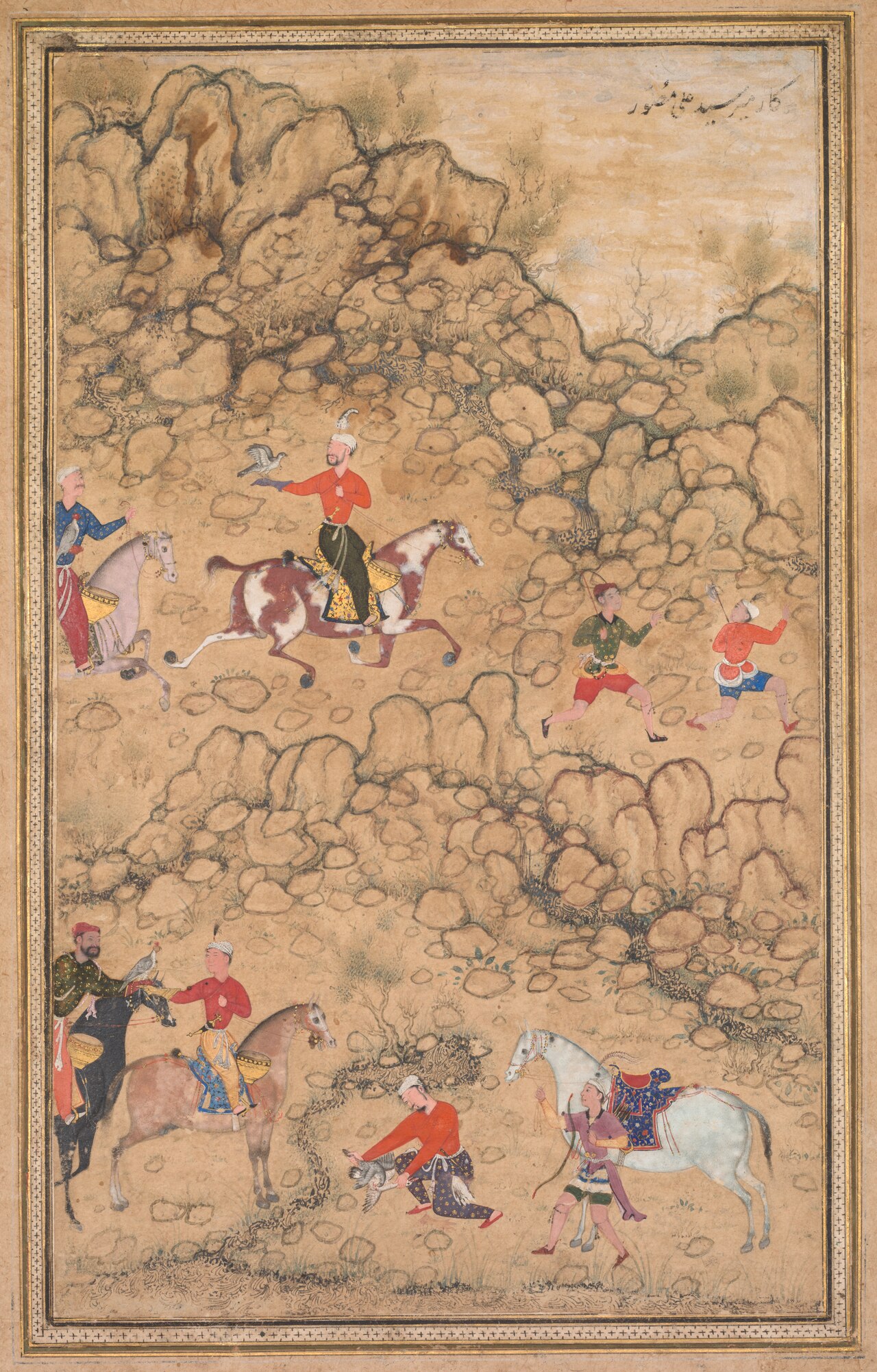 Hunting with falcons in a landscape; Verso: Calligraphy of Chaghatai Turkish poems in praise of wine, Sultan Muhammad Nur (Persian, c. 1472–1536) and Mirza Muhammad (probably Persian, active c. 1520s) by Abd al-Samad