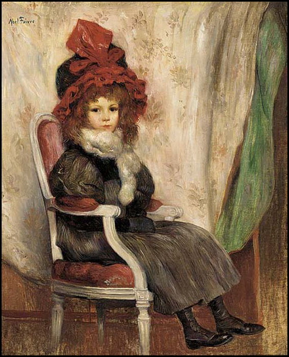 A young girl seated, wearing an elaborate red hat by Abel Faivre