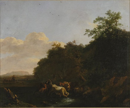 Landscape with a bull breaking loose by Abraham Begeyn