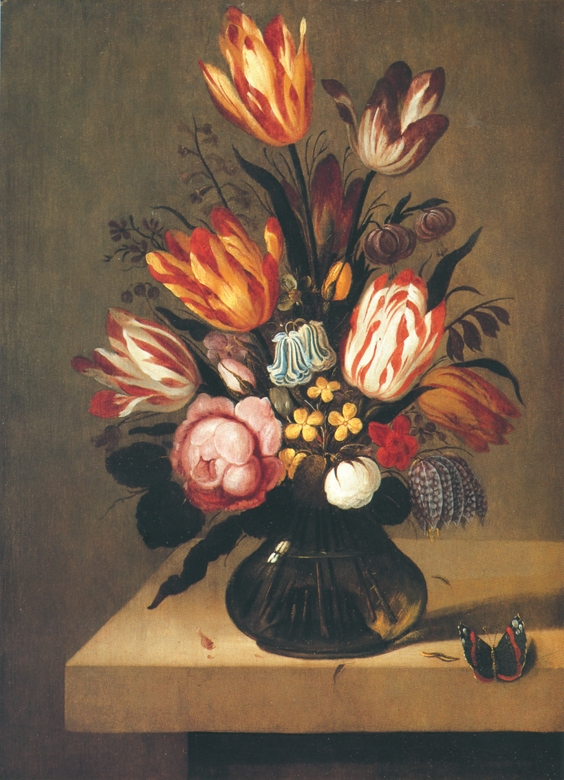 Bouquet of flowers with a butterfly on a stone slab. by Abraham Bosschaert