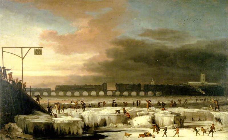 The Frozen Thames, Looking Eastwards towards Old London Bridge, London by Abraham Hondius