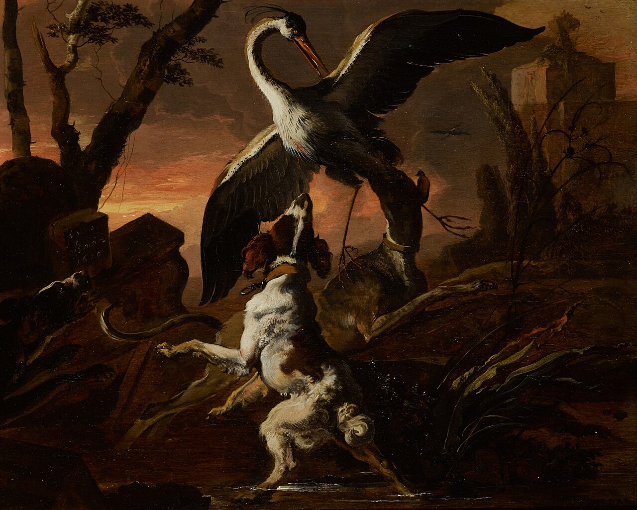 Three dogs attacking a crane in a landscape by Abraham Hondius