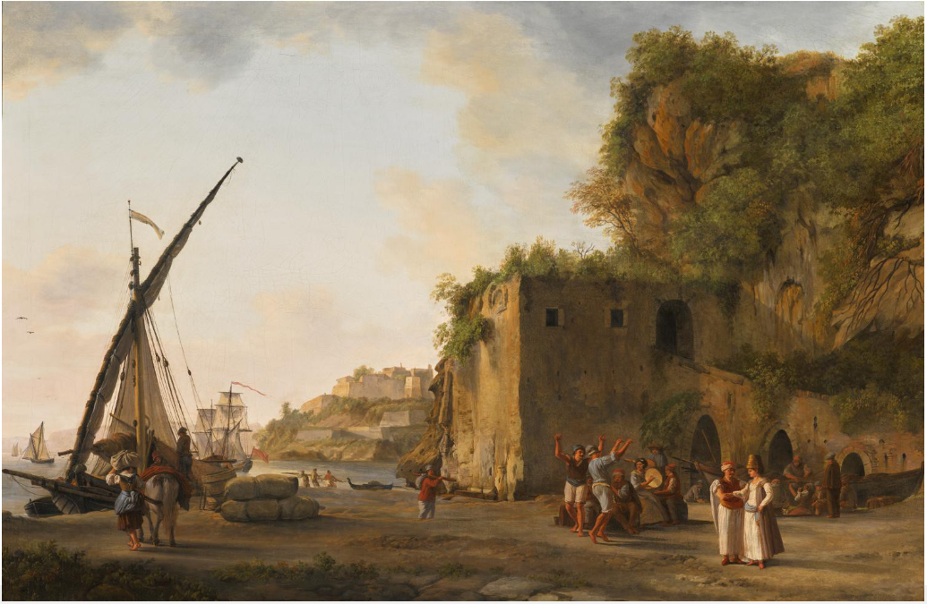 A port with Maltese merchants and sailors, the fort of Gaeta beyond by Abraham-Louis-Rodolphe Ducros