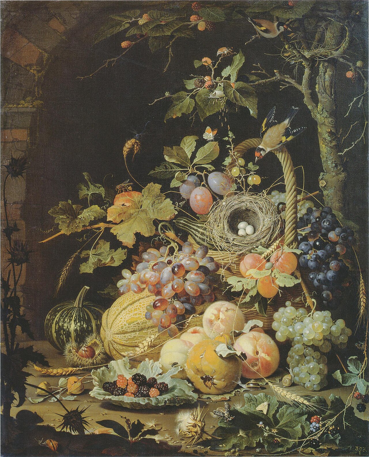 A bird's nest in a fruit basket by Abraham Mignon