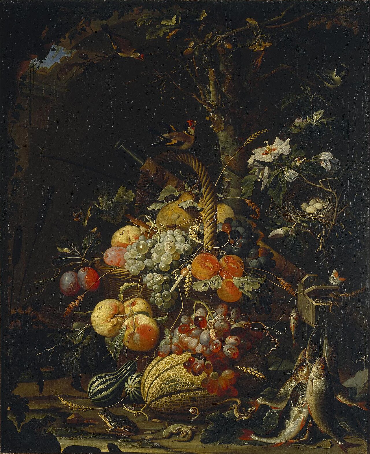Forest floor still life with fruit, fish and a bird's nest by Abraham Mignon