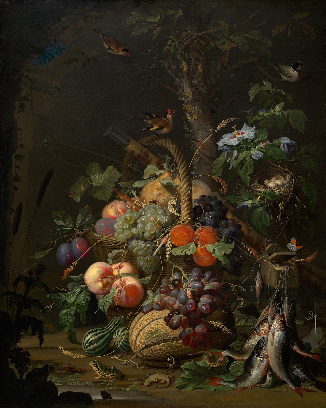 Still Life with Fruit, Fish, and a Nest by Abraham Mignon