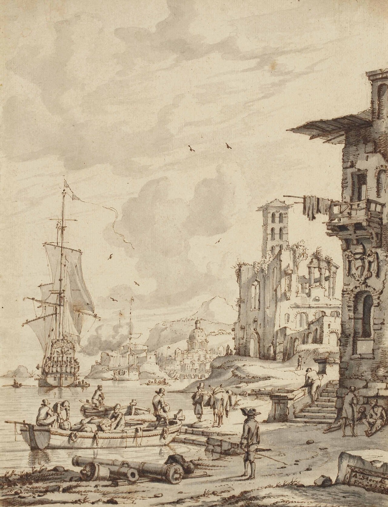 Ships at the entrance of a port, the dome of a church in the background by Abraham Storck