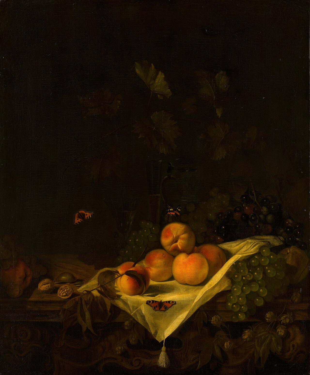 Still life with peaches and grapes by Abraham van Calraet