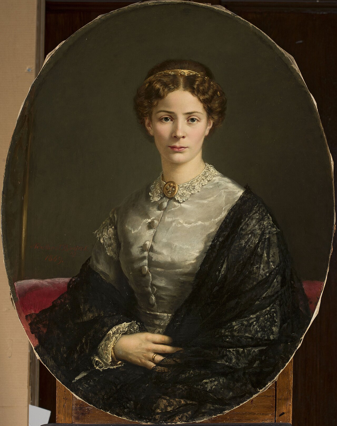 Portrait of a lady in a lace shawl. by Adalbert Begas