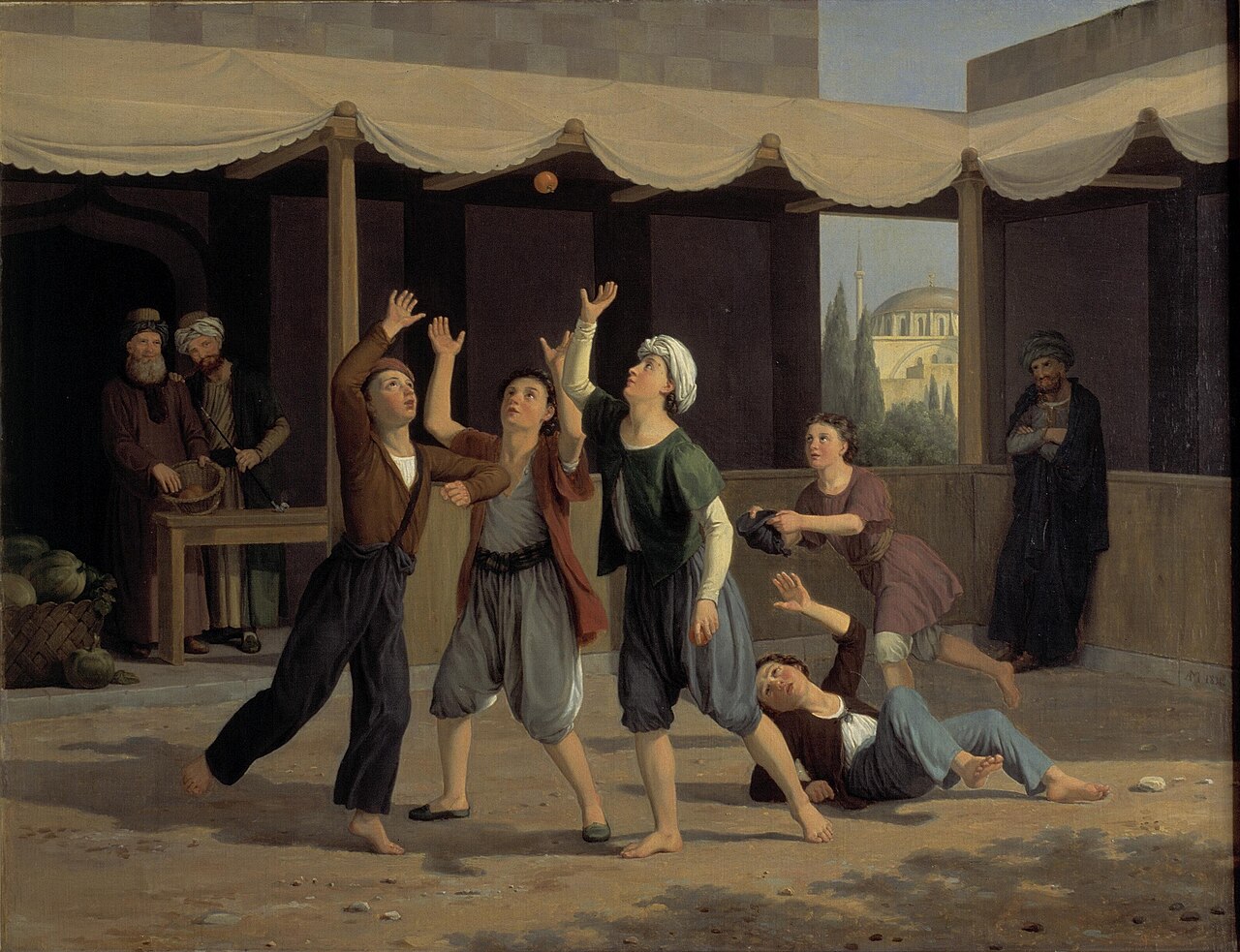 Aladdin griber imellem andre drenge efter de nedkastede pommeranser by Adam August Müller