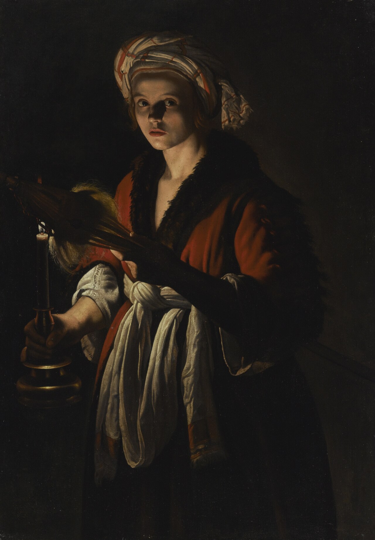 A young woman holding a distaff before a lit candle by Adam de Coster