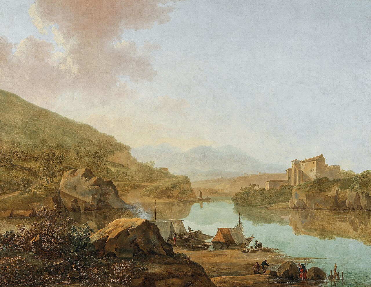 An extensive Italianate river landscape by Adam Pynacker