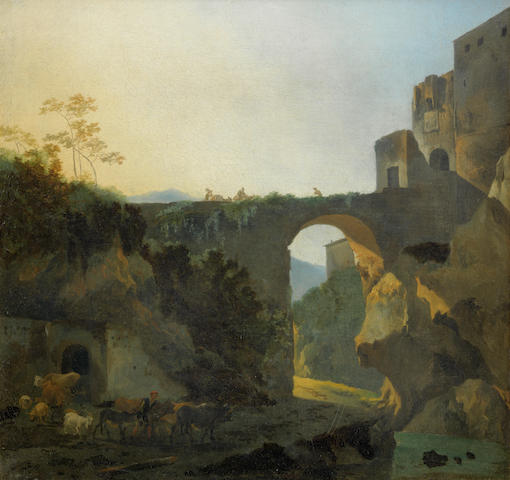 Travellers on a bridge by Adam Pynacker