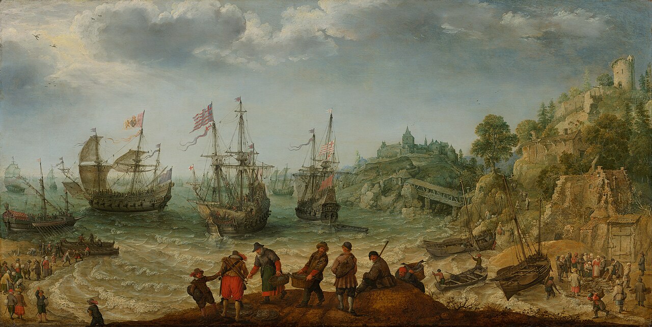 Ships off a rocky coast by Adam Willaerts