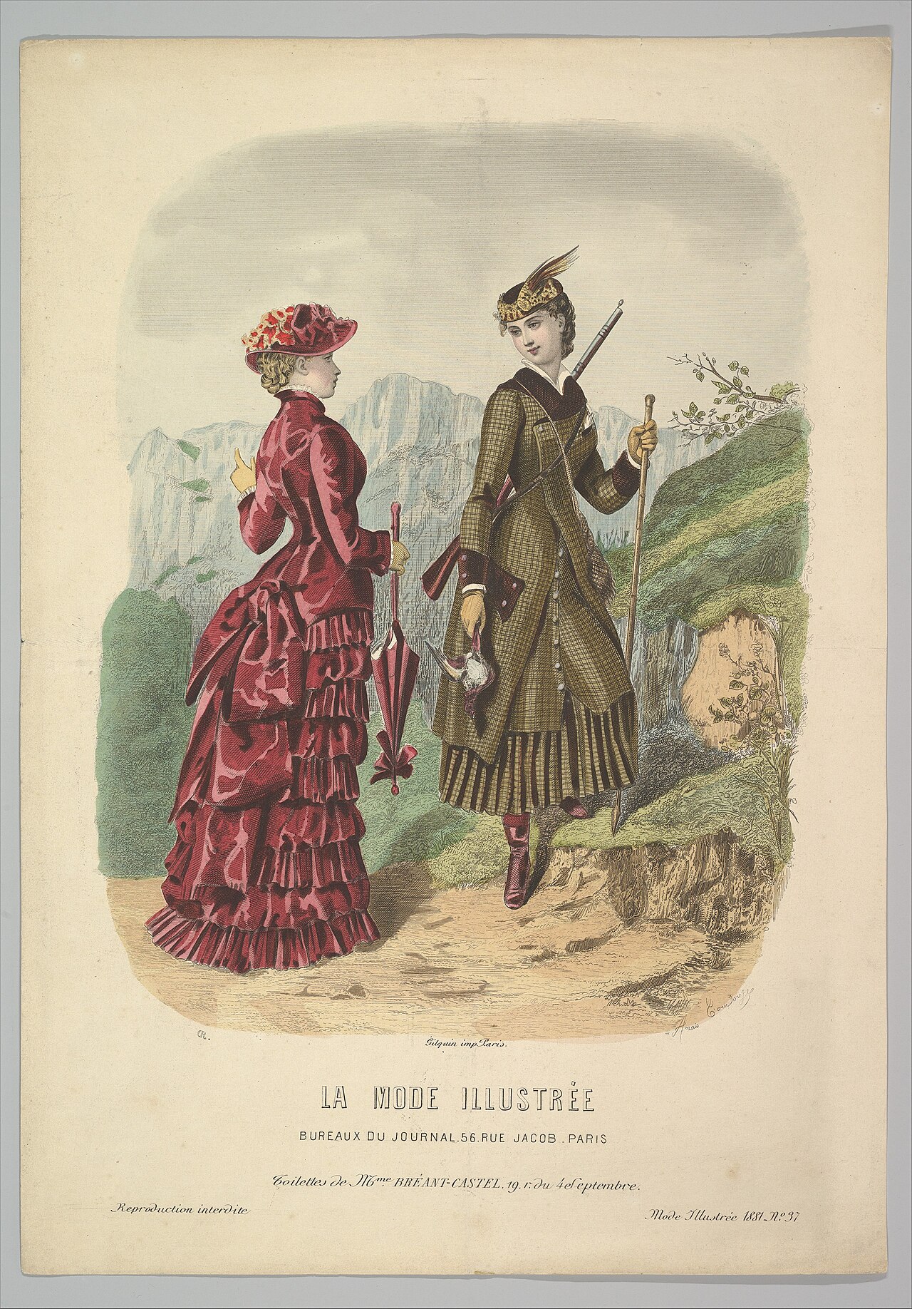 A Lady in a Hunting Costume with a Lady in Walking Costume on a Mountain Path from La Mode Illustrée by Adele-Anais Toudouze