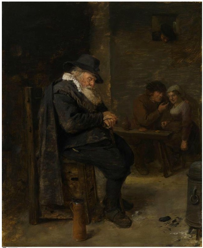 Interior of an inn with an old man asleep and an amorous couple by Adriaen Brouwer