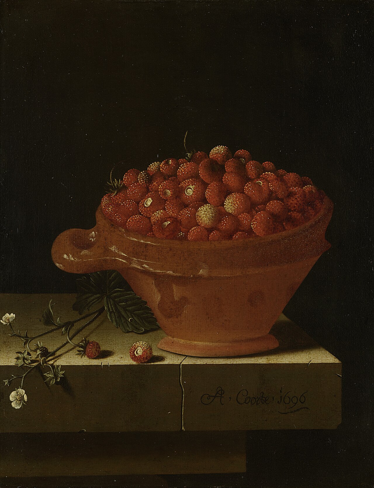 A Bowl of Strawberries on a Stone Plinth by Adriaen Coorte