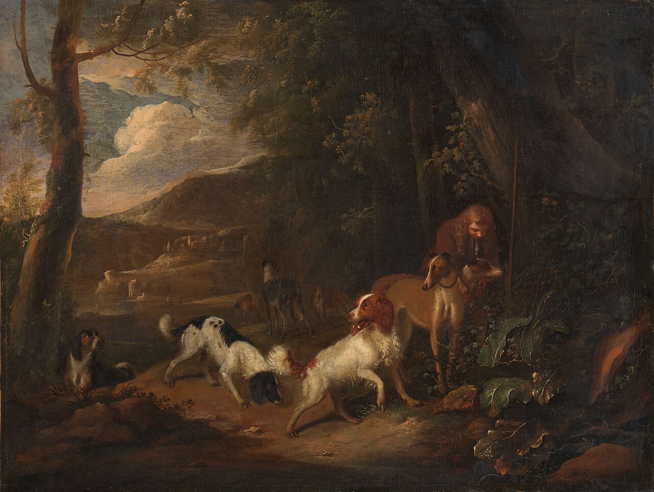 Hunter with hounds at the edge of a wood by Adriaen Cornelisz Beeldemaker