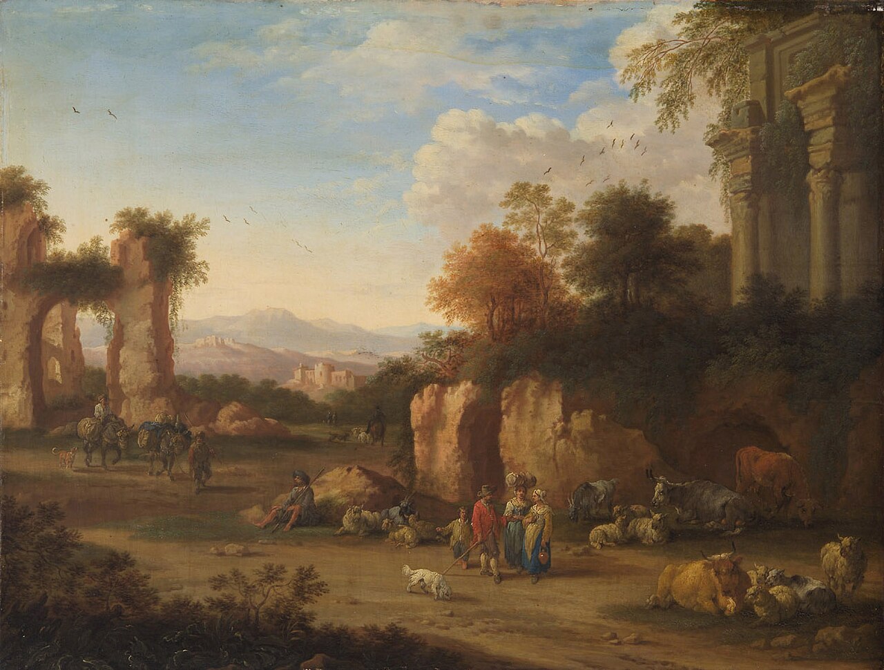 Italian landscape with ancient ruins and peasants by Adriaen Frans Boudewyns