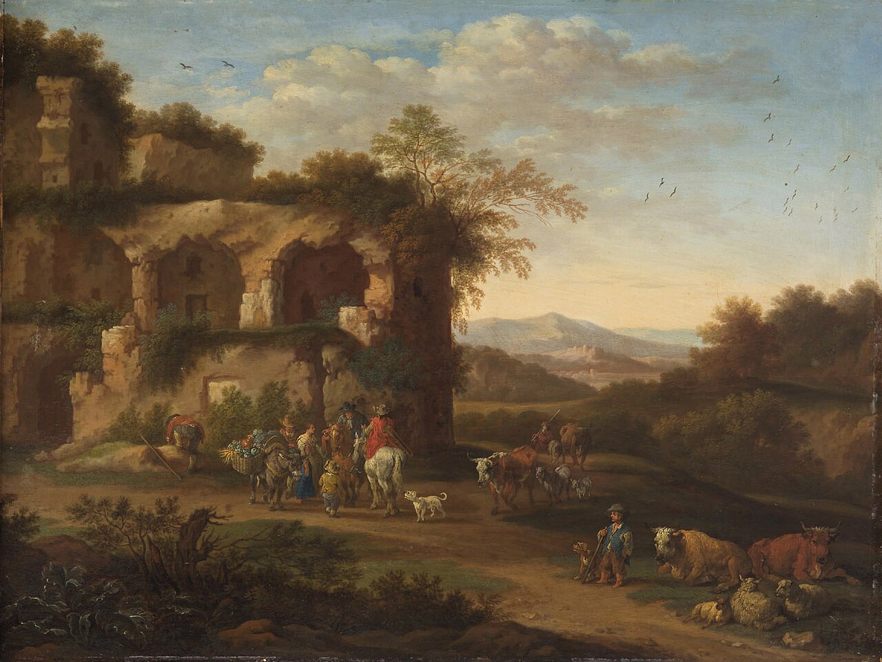 Italian landscape with antique ruins and herders by Adriaen Frans Boudewyns