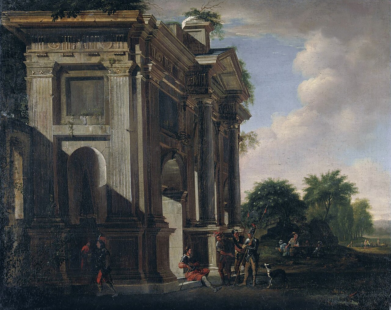 Caprice of a triumphal arch and soldiers by Adriaen van der Cabel