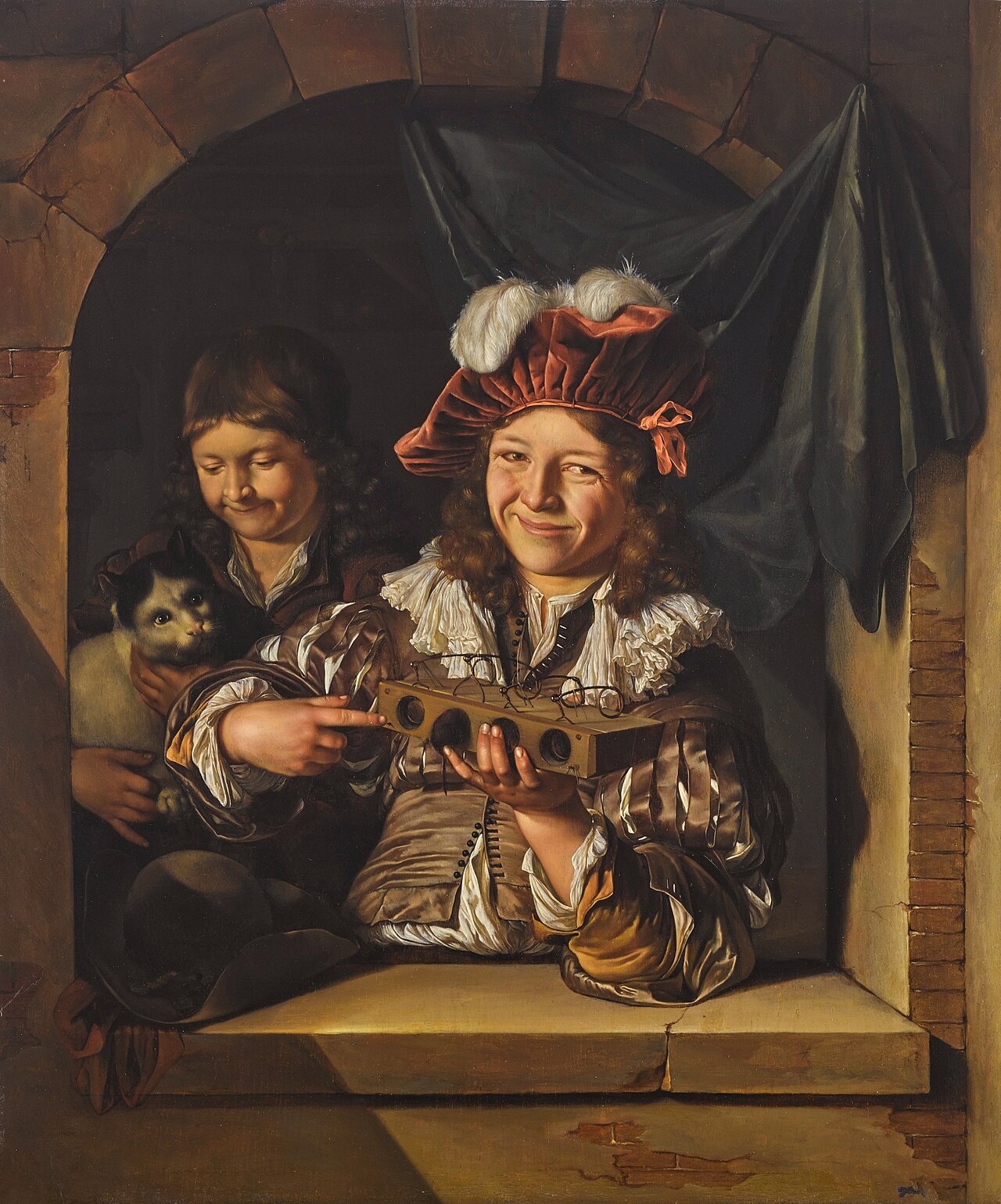 Two boys with a mouse trap and a cat at a window by Adriaen van der Werff