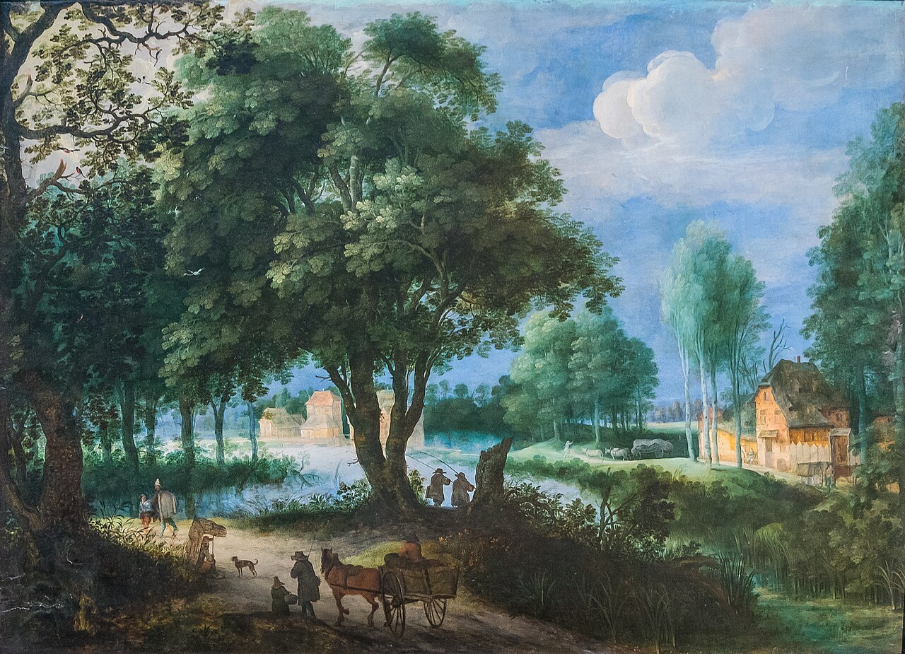 Wooded landscape with traveller on a road and buildings beyond by Adriaen van Stalbemt