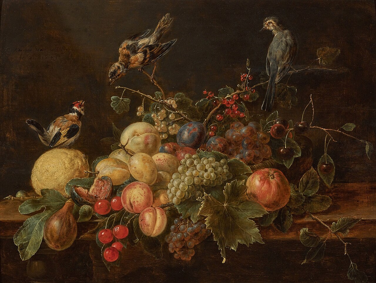 Still life of grapes, peaches, cherries, plums, figs, red and white currants, a lemon and other fruit on a table with three birds by Adriaen van Utrecht