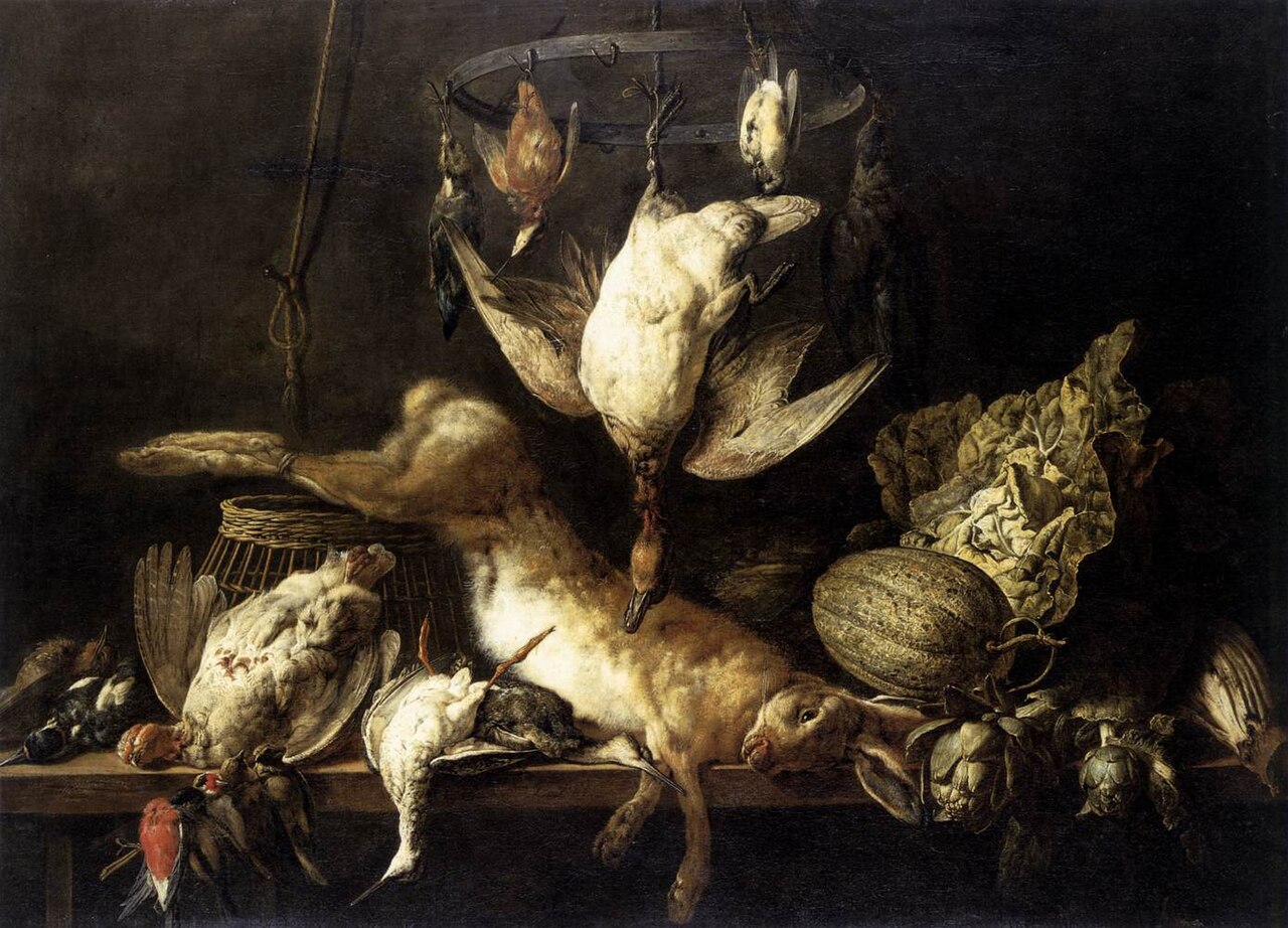Still-Life with Hare and Birds on a Ring by Adriaen van Utrecht