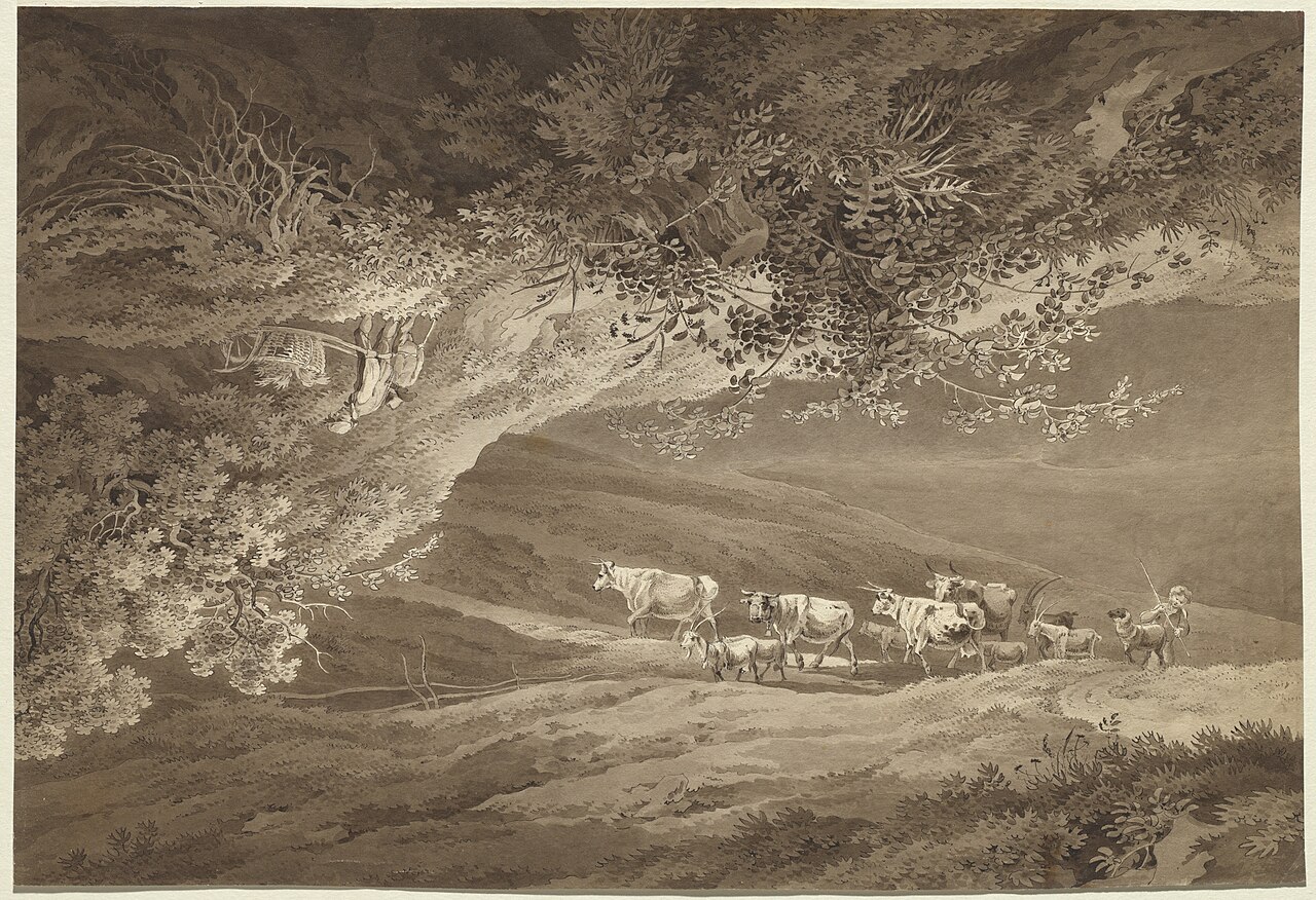 A Landscape with a Herd of Cows and Goats, Surmounted by Another Landscape, Upside-down, with a Man Pushing a Wheelbarrow by Adrian Zingg
