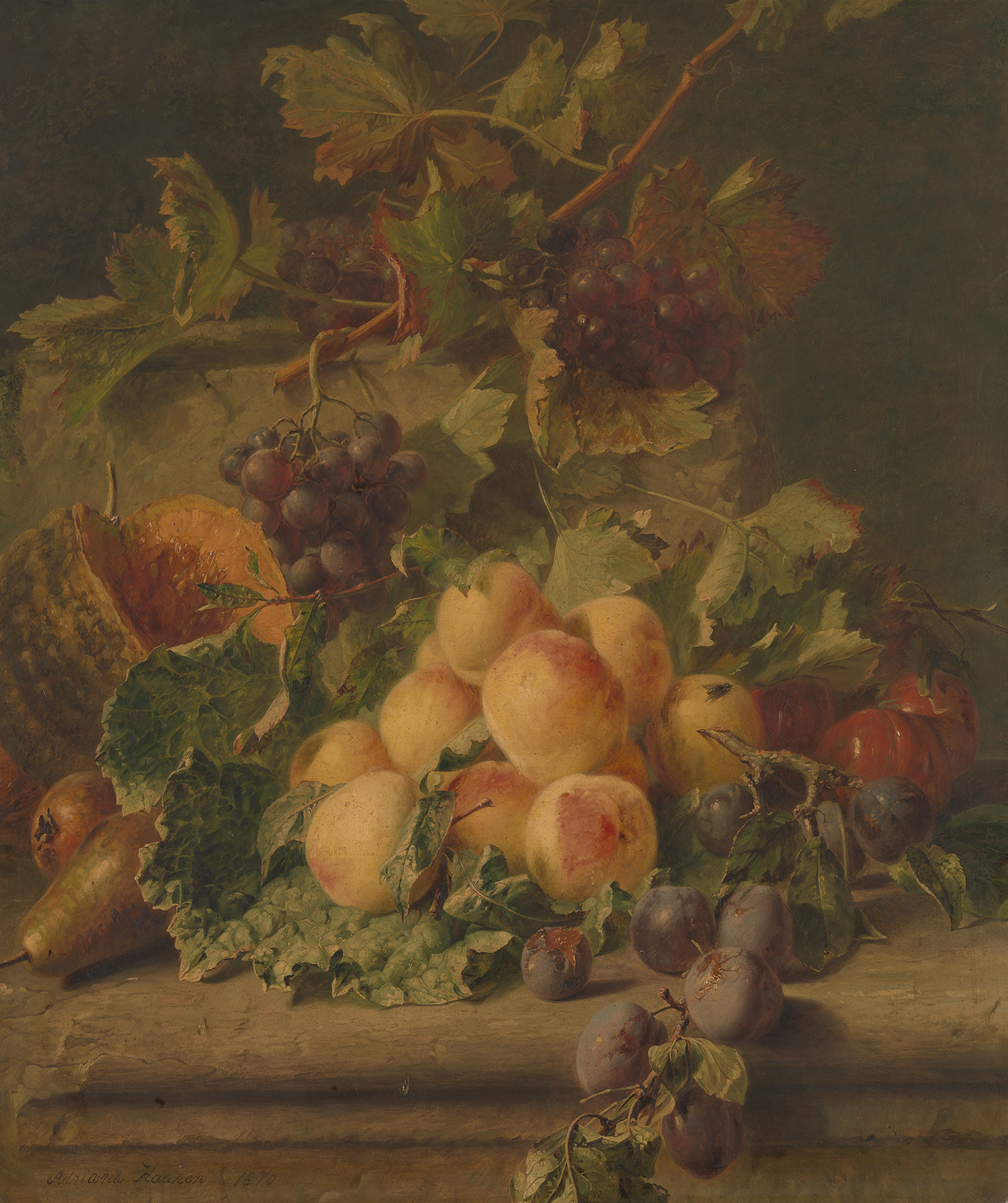 Peaches, melon and grapes on a ledge by Adriana Johanna Haanen