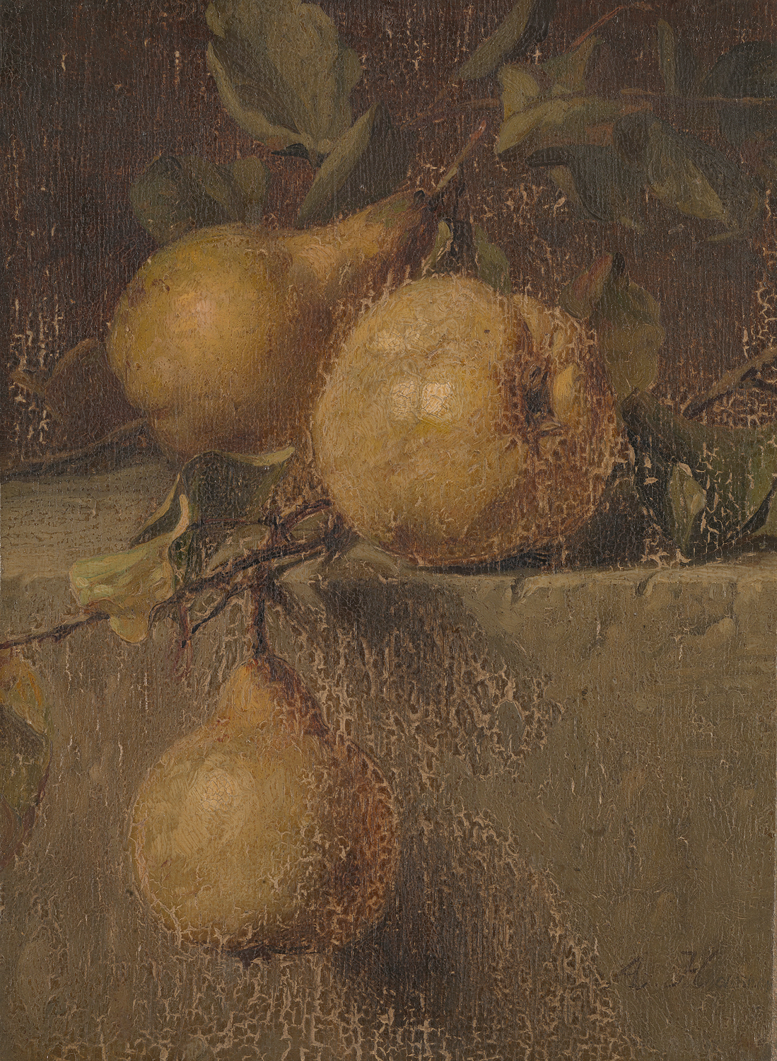 Pears on a stone ledge by Adriana Johanna Haanen