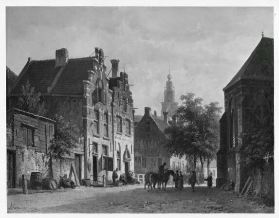 scene in a street by Adrianus Eversen