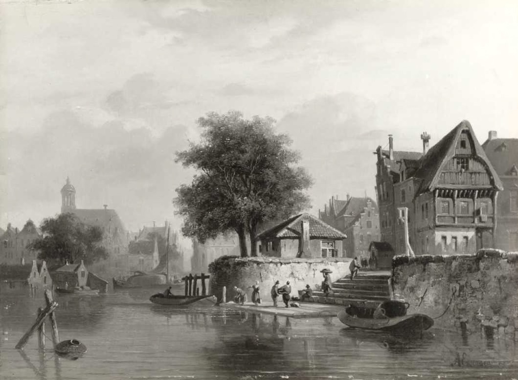 View of a washing place at a city canal by Adrianus Eversen