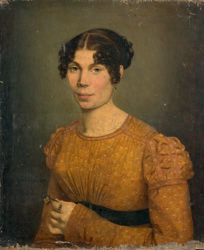Portrait of a woman holding a flower by Adrienne Marie Louise Grandpierre-Deverzy