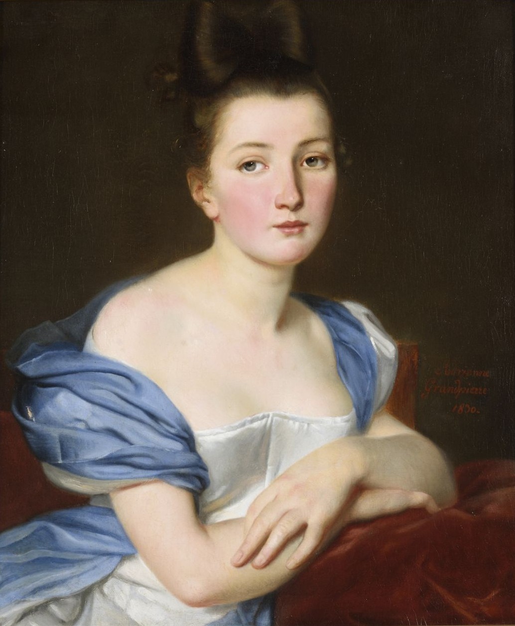 Portrait of a young woman wearing a white dress and a blue shawl by Adrienne Marie Louise Grandpierre-Deverzy