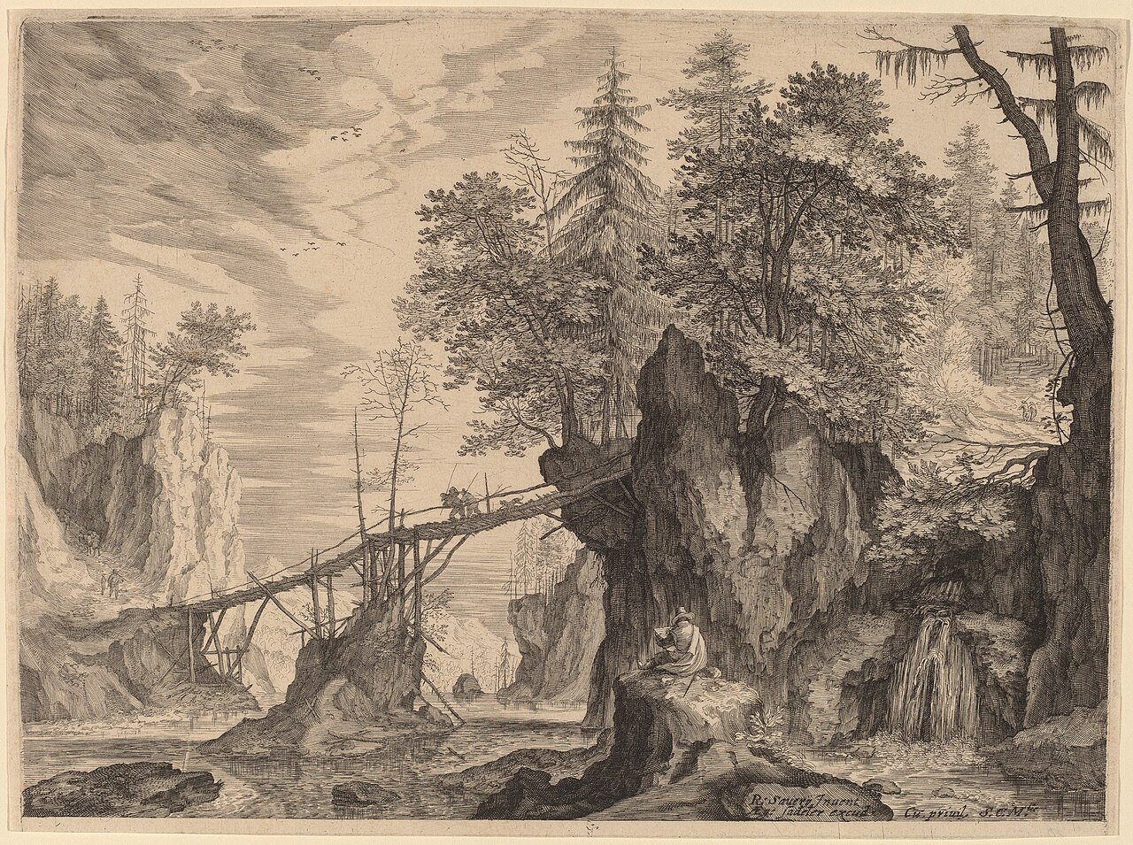 Draughtsman on a Stone before a Bridge by Aegidius Sadeler