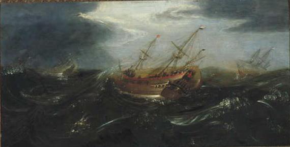 Ships in a storm by Aert Anthoniszoon