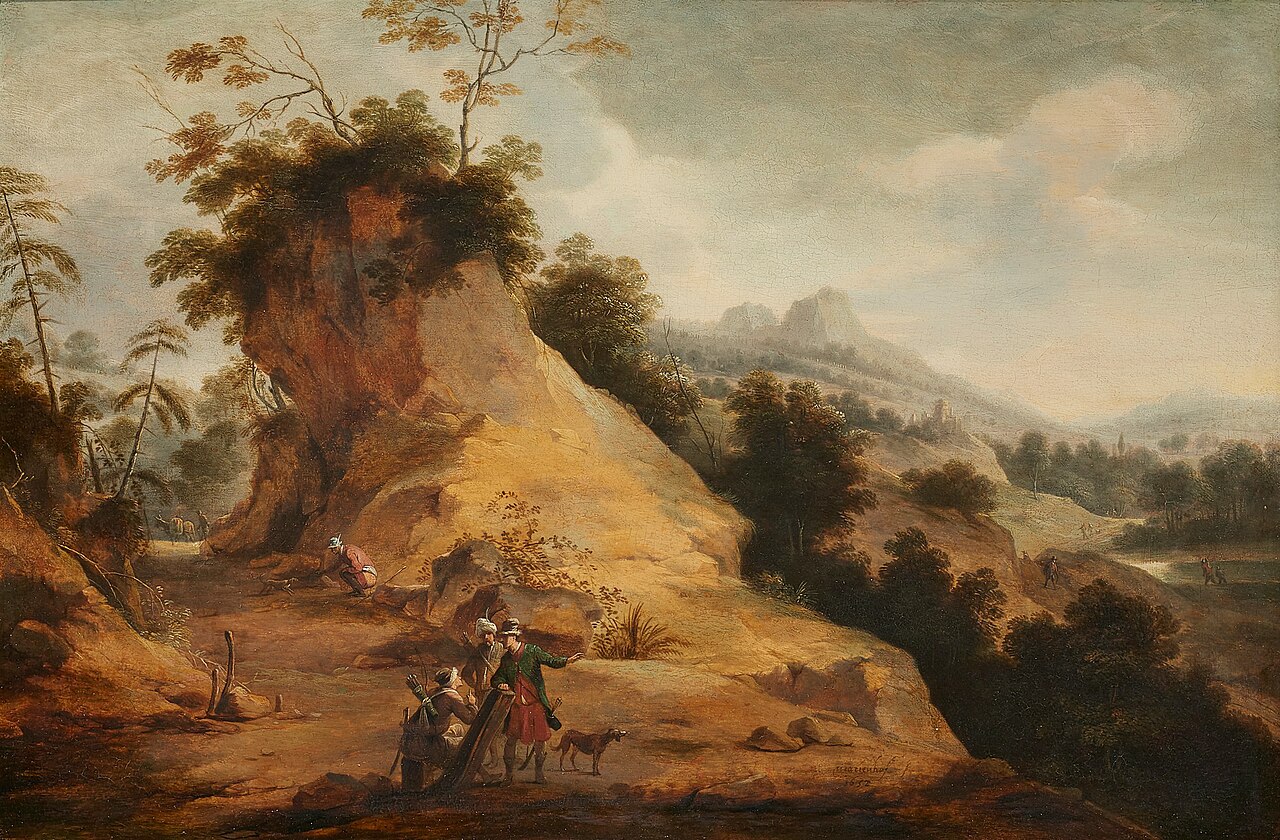 Landscape with four huntsmen on a track by Aert Jansz Marienhof