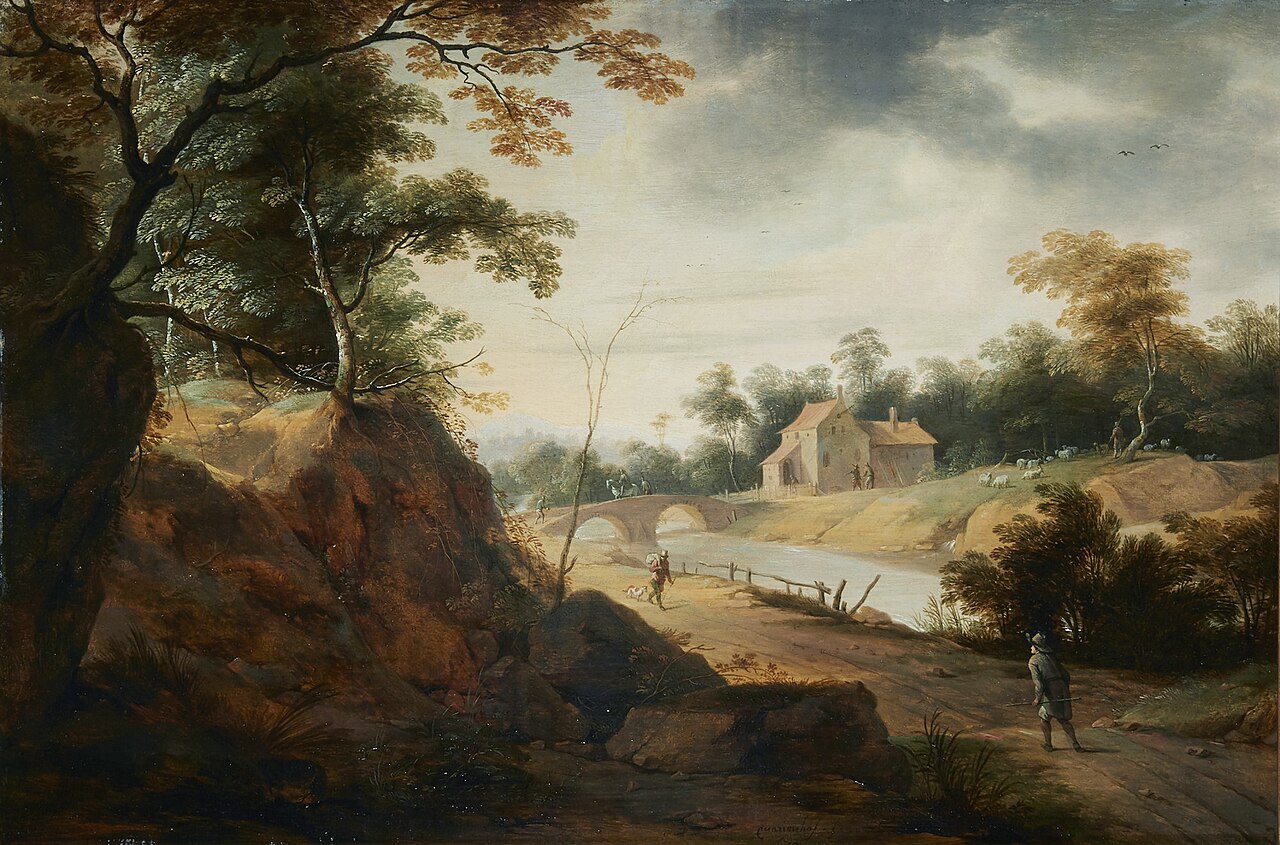 Landscape with travelers by Aert Jansz Marienhof