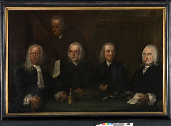 Four regents and the pater of the House of Corrections in Middelburg, 1764 by Aert Schouman