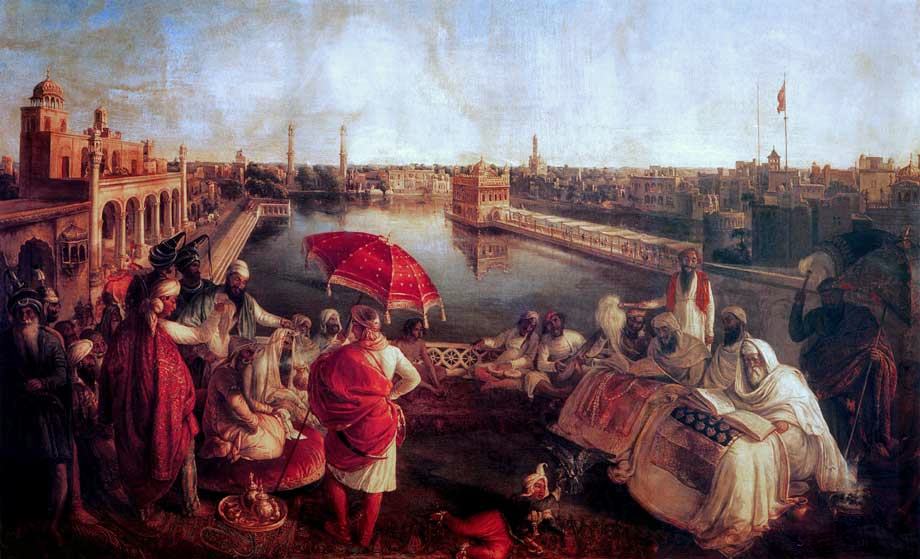 Maharaja Ranjit Singh listening to Granth Sahib being recited near the Golden Temple. by Ágoston Schoefft
