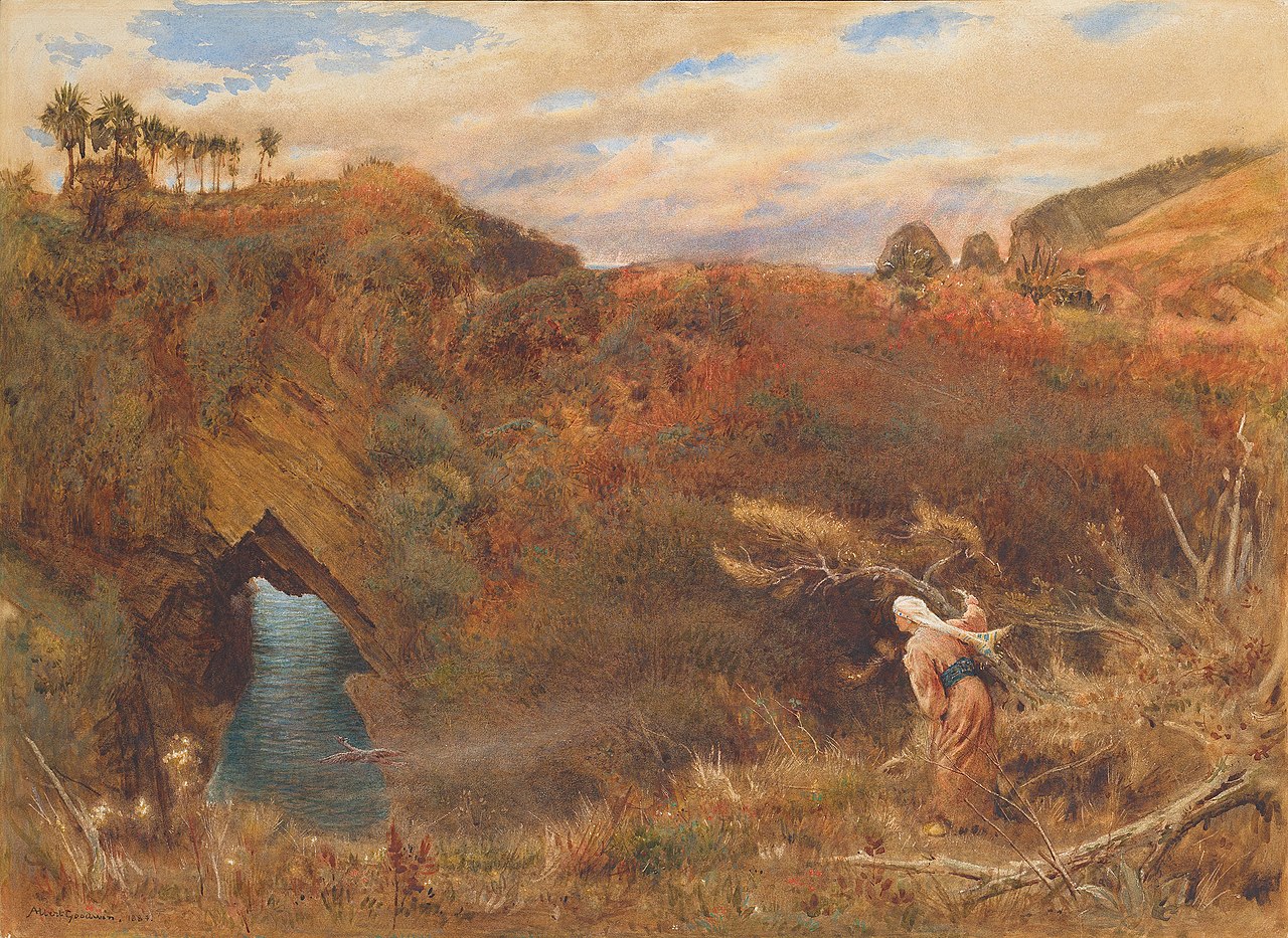 Prince Camaralzaman watching the robber of the Talisman by Albert Goodwin