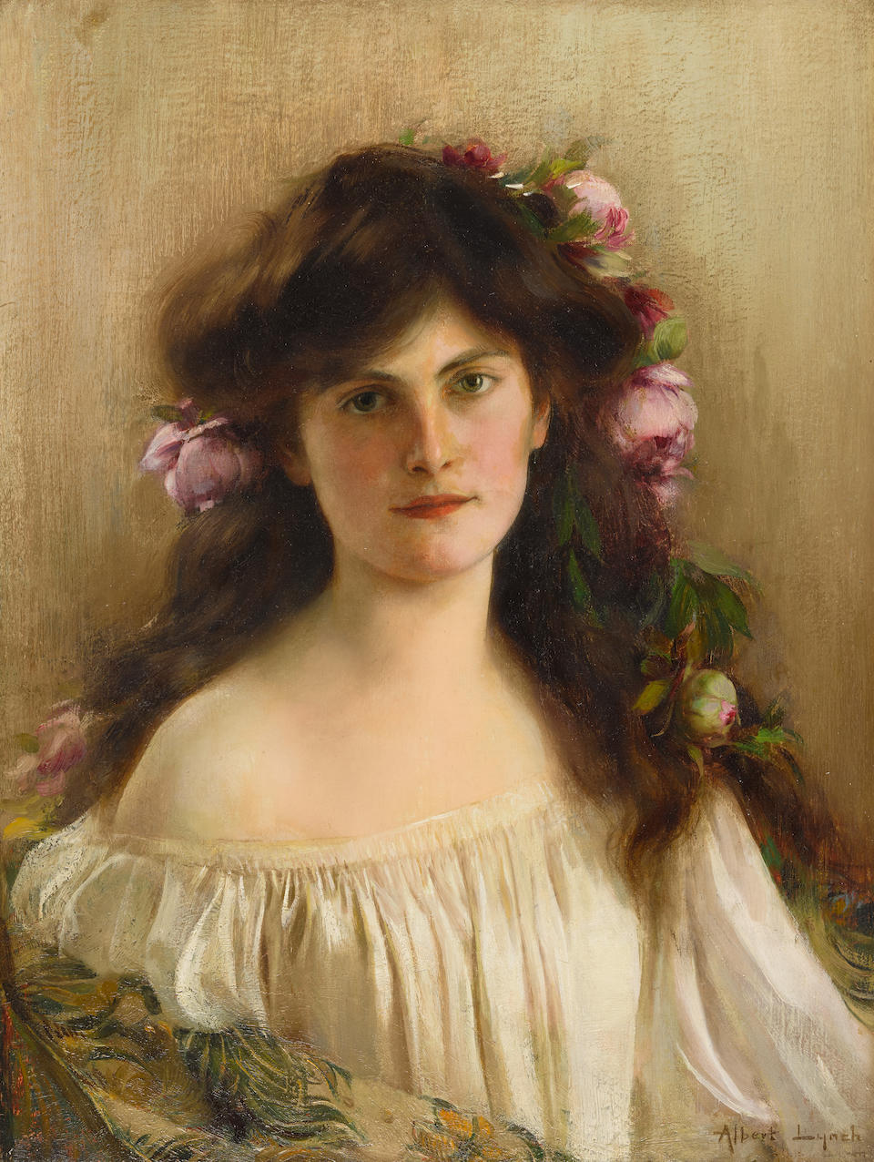 A portrait of a maiden by Albert Lynch